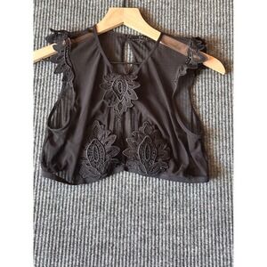 Iris Black Mesh Top Lace Embroidered Dark Romance Large Goth Boho Rave Festival